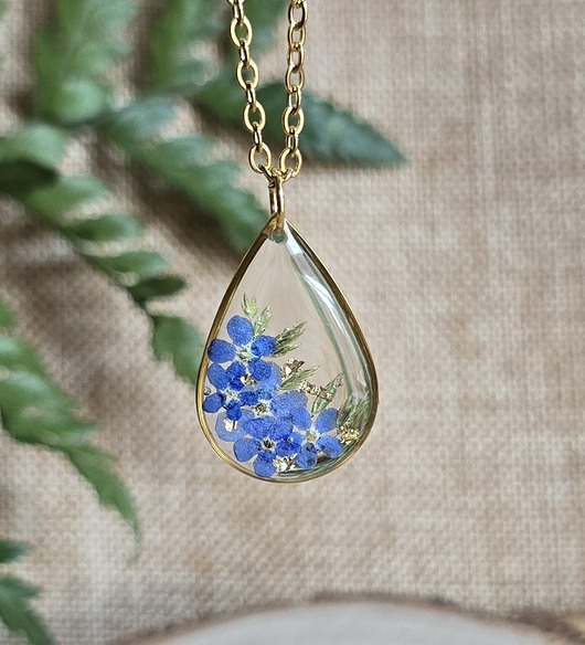 wisiory Złoty wisiorek prawdziwe kwiaty zawieszka łezka łza niezapominajki