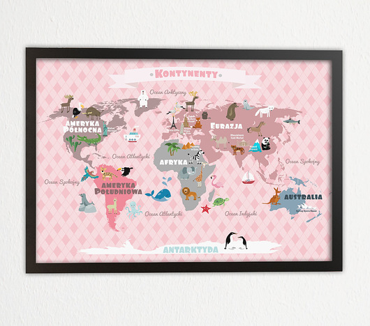 Różowa Mapa świata. Bardzo duża 60x90 cm  Sprinkles