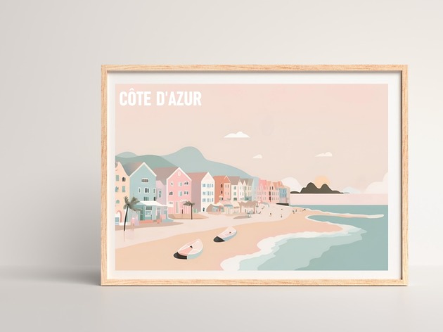plakaty Cote d azur PLAKAT pastelowy ilustracja  plaża morski