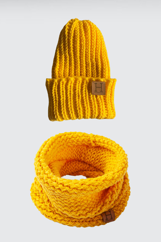 szale damskie Komin i czapka z wełny merynosa handmade ŻÓŁTY