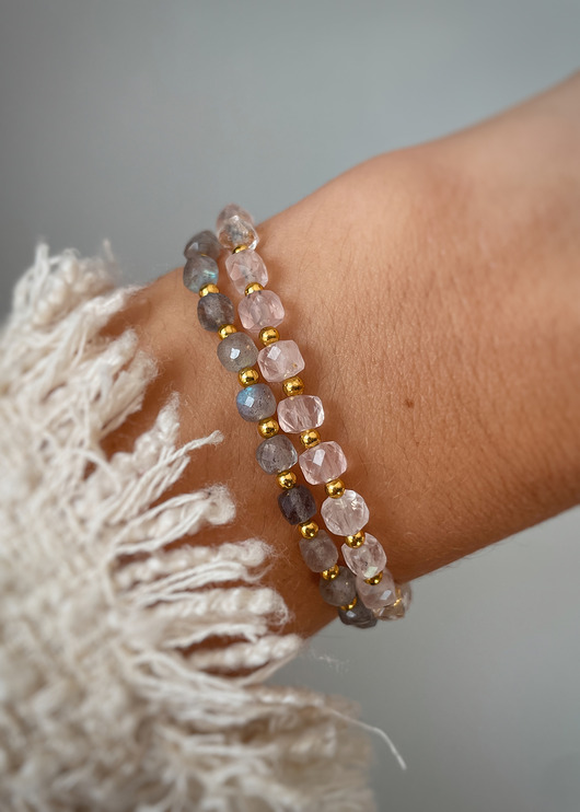 bransoletki z kamieni naturalnych Zestaw Dwóch Bransoletek z labradorytu i kwarcu różowego