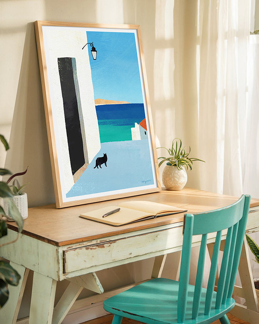 plakaty Morski widok z kotem - plakat 50x70 cm