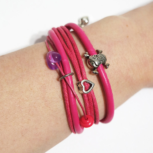 bransoletki - inne Bransoletka - Pink czaszka, pirat - różowa