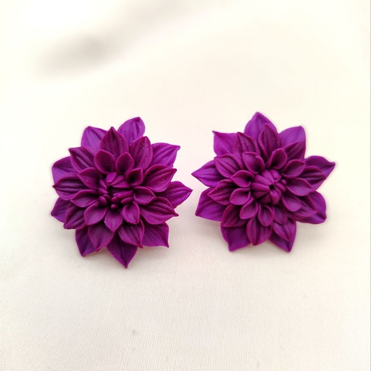 kolczyki z masy plastycznej Kolczyki dalie fioletowe handmade, jesienne kolczyki kwiatowe