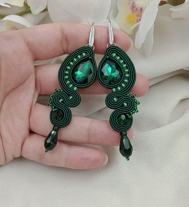 kolczyki soutache Długie szmaragdowe ciemnozielone butelkowe kolczyki soutache