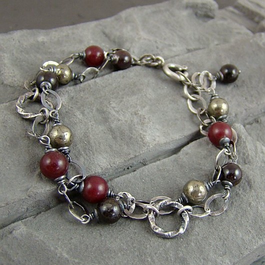 Jadeit, granat, piryt - bransoletka RayOfArt
