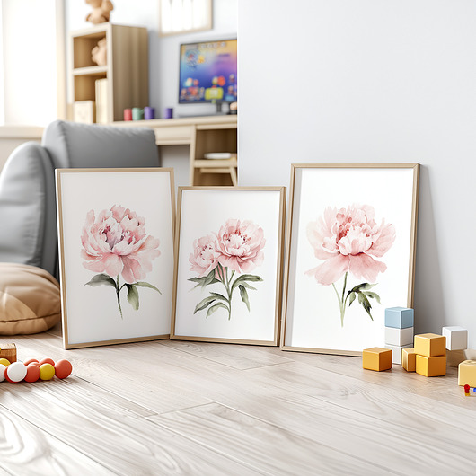 obrazy Pastelowe Różowe Piwonie - Zestaw trzech grafik botanicznych