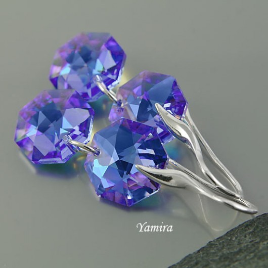 kryształ Swarovski duo Octagon Sapphire Blue AB kolczyki yamira