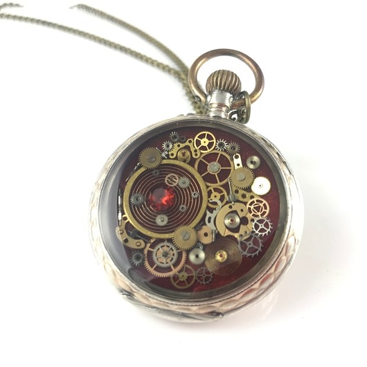 Red Secret - wisior steampunk - UNIKAT - srebro DROBINY CZASU