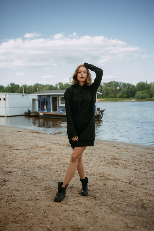 bluza z kapturem damska Długa bluza z kapturem KANGURKA LONG czarna