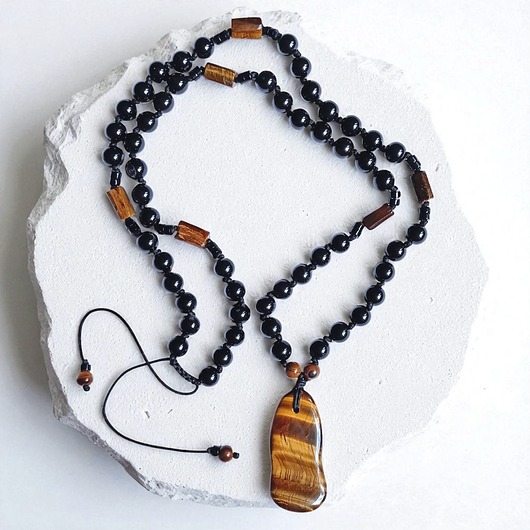 biżuteria męska UNIKAT: tygrysie oko, onyks : supełkowany naszyjnik męski