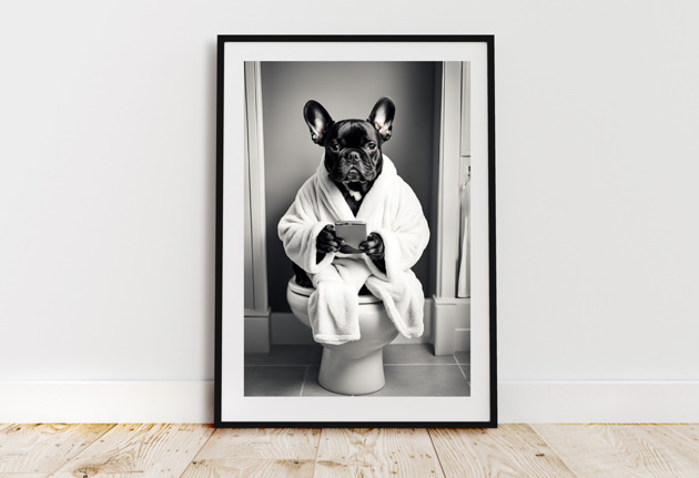 fotografia PLAKAT buldog francuski, zdjęcie czarno białe, do łazienki dekoracja