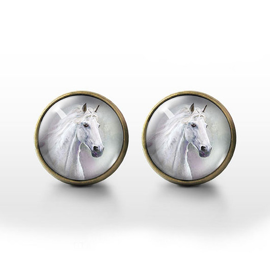 kolczyki szklane Kolczyki sztyfty - Biały koń - brąz
