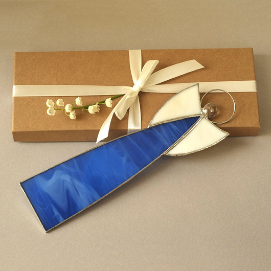 Pamiątka I Komunii anioł niebieski witrażowy BeArt Handmade