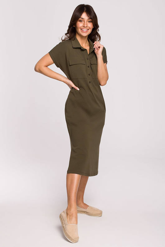 sukienki midi damskie Sukienka safari z kołnierzykiem-khaki(B222)