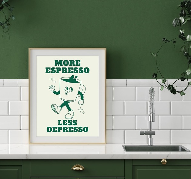 grafiki i ilustracje PLAKAT kawa, zabawny prezent dla kawosza, more espresso less depresso