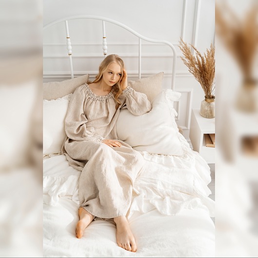sukienki maxi damskie Lniana koszula nocna / boho koszula do pęt / 100% len
