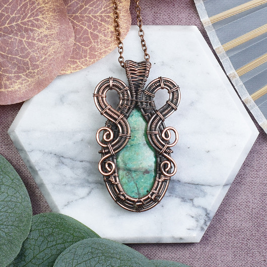 wisiory Miedziany wisiorek wire wrapping z szatukitem #527