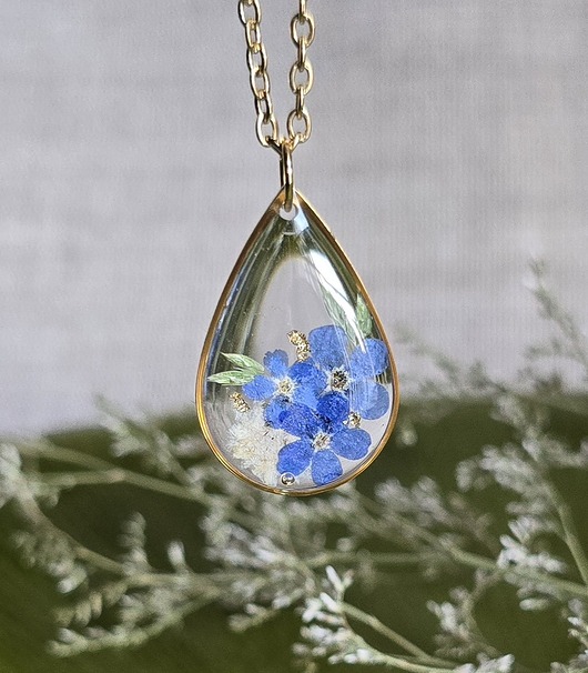 wisiory Złoty wisiorek prawdziwe kwiaty zawieszka łezka łza niezapominajki