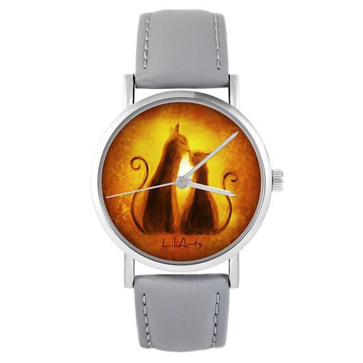 zegarki damskie Zegarek - Kotki - szary, skórzany