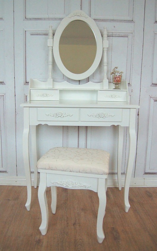 Toaletka z taboretem ornament Shabby antyk biala LaProvence
