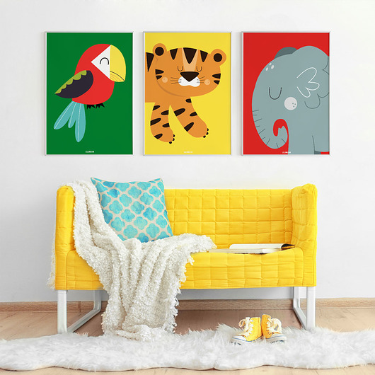 3 Plakaty Papuga,Tygrys i Słoń - kolory lilladecor