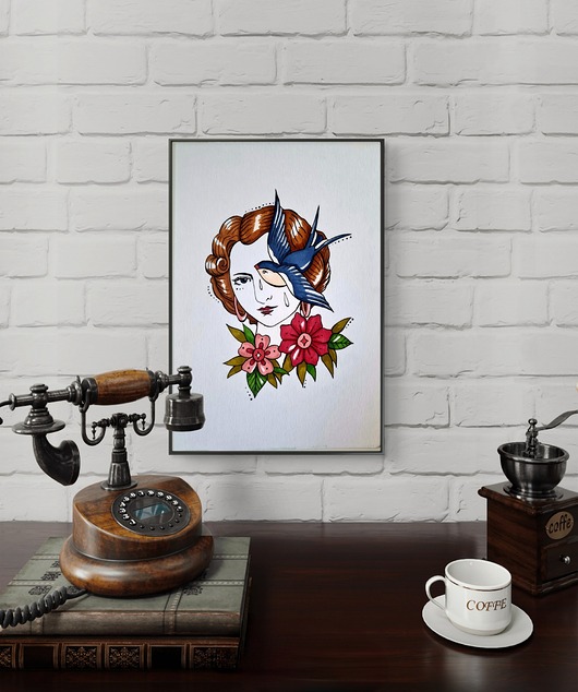 grafiki i ilustracje Obrazek Dama z Jaskółką (ręcznie malowany)