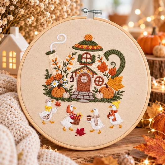 Ozdoby na ścianę Jesienne gąski,haft w tamborku ok 20 cm średnicy