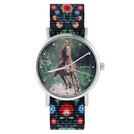 zegarki damskie Zegarek - Koń las - folk czarny, nylonowy