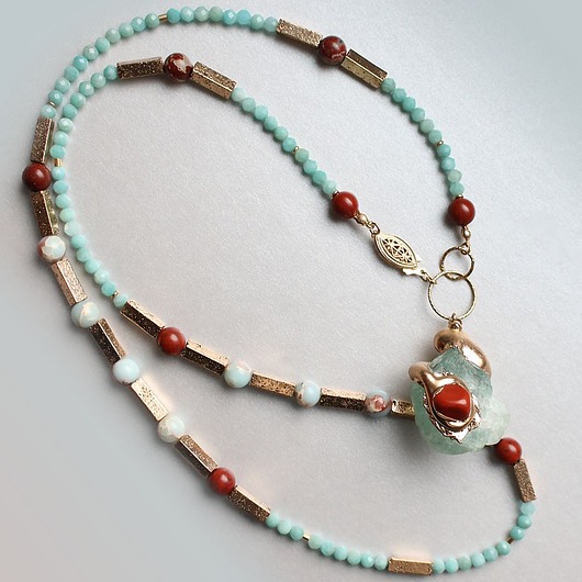 złote naszyjniki UNIKAT - Naszyjnik 14k z jaspisem, fluorytem, amazonitem i lawą