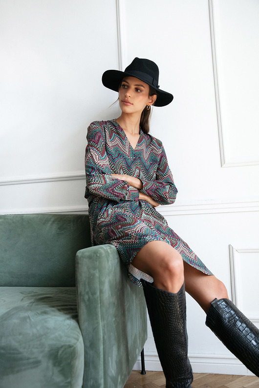 sukienki midi damskie Sukienka z wiązaniem-wzór aztecki-model2(S287)