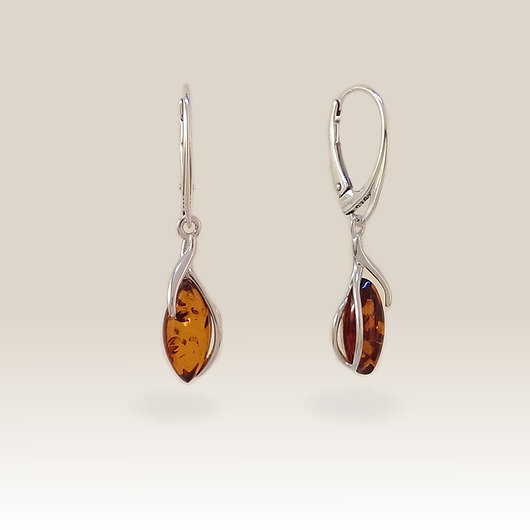 kolczyki z kamieniami Kolczyki srebrne wiszące z bursztynem koniak 36x8mm