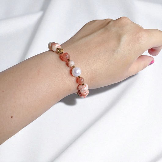 bransoletki z kamieni naturalnych NUDE : cielista bransoletka : mix kamieni i perły : ROZMIAR S