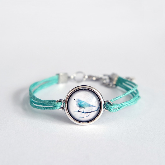 bransoletki ze szkła Bransoletka - Ptaszek - turkusowa, sznurki