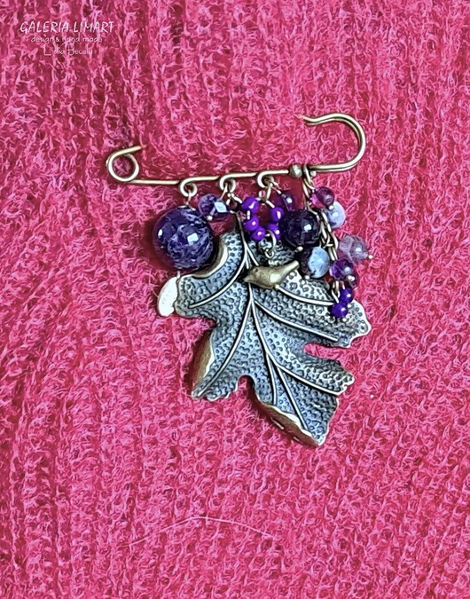 broszki Broszka niezwykła na agrafce w modnym stylu Boho handmade ametystowo-złota