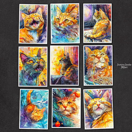 grafiki i ilustracje Koty Rudolf i Luna - zestaw 9 grafik