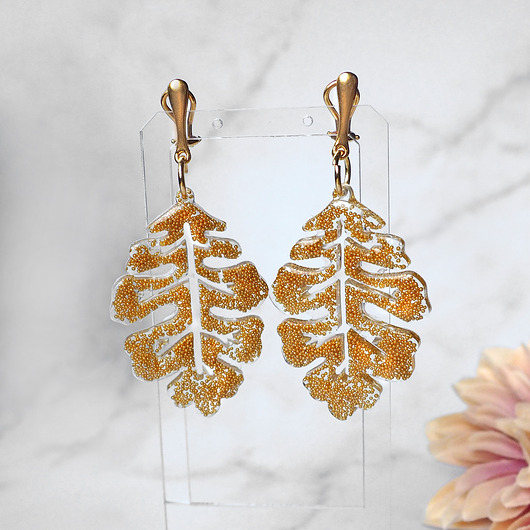 klipsy GOLDEN LEAFS,  UNIKATOWE DUŻE KLIPSY z żywicy