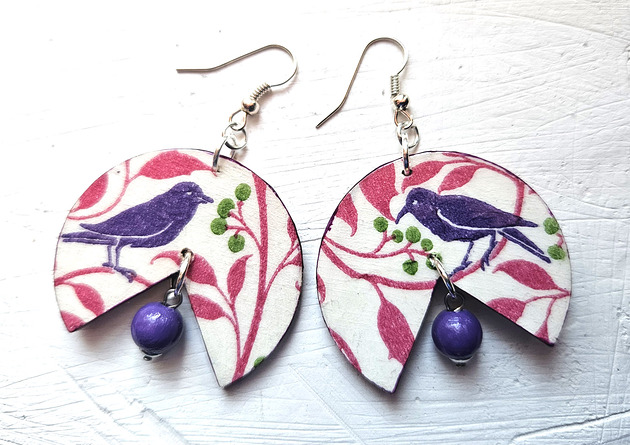 kolczyki drewniane Ptaszki w gałązkach