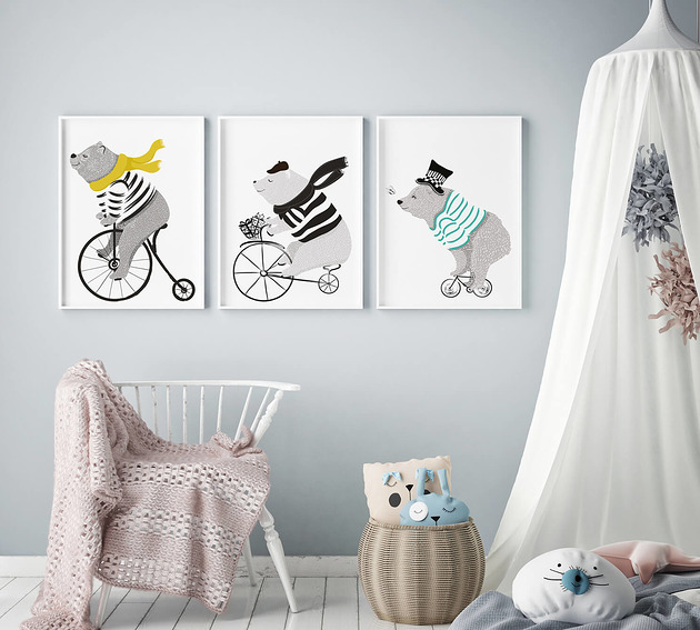 obrazy i plakaty do pokoju dziecięcego "Misie na rowerze" tryptyk