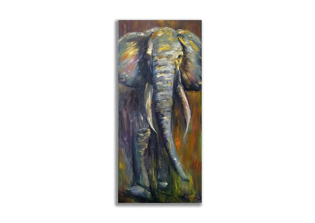 obrazy Obraz olejny ręcznie malowany 34x67 "Słoń" + rama drewniana