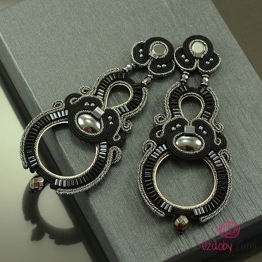 kolczyki soutache Bardzo długie czarno grafitowe kolczyki sutasz
