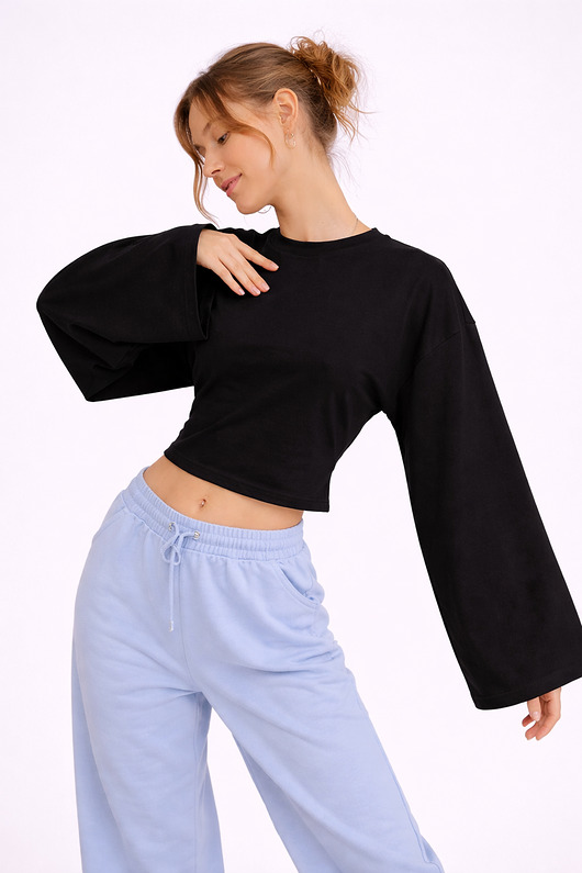 bluzki z długim rękawem damskie Top Longsleeve  Czarny