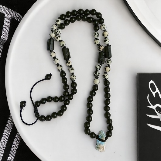 biżuteria męska UNIKAT: linaryt, onyks, turmalin, jaspis dalmatyński : naszyjnik MĘSKI