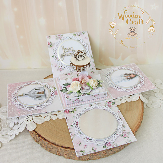 kartki na komunię Exploding box komunijny, kartka na komunię "Pink Roses 4" GOTOWY