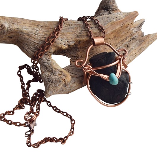 naszyjniki - inne Naszyjnik - wisior z miedzi drewna i turkusu /5/