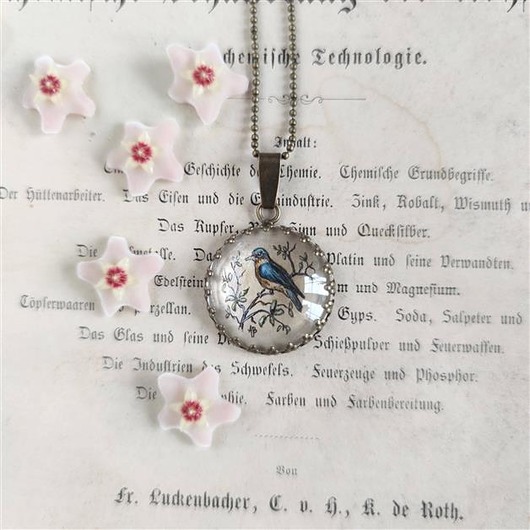 Ptak ze starej ryciny ręcznie malowany naszyjnik atelier by Olga