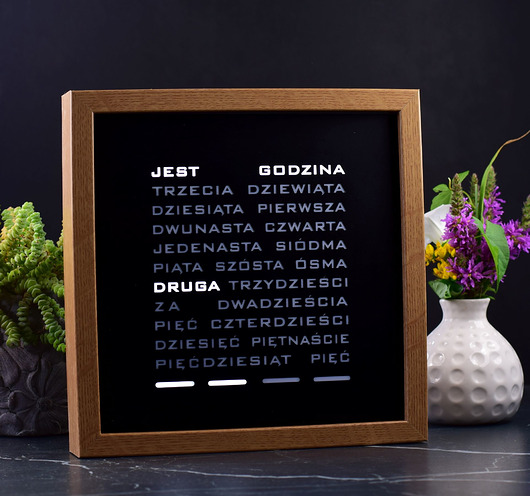zegary Word Clock - polski zegar słowny (brązowa ramka)