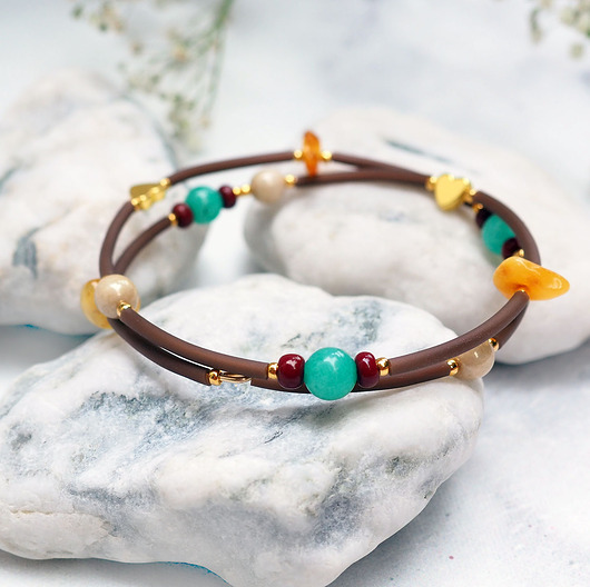 bransoletki z kamieni naturalnych AMBER & STONES bransoletka  z bursztynami i minerałami