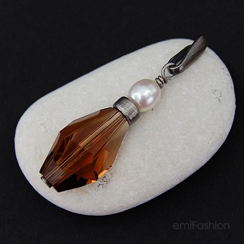 Polygon Smoked Topaz z perłą zawieszka MAREMI Jewelry