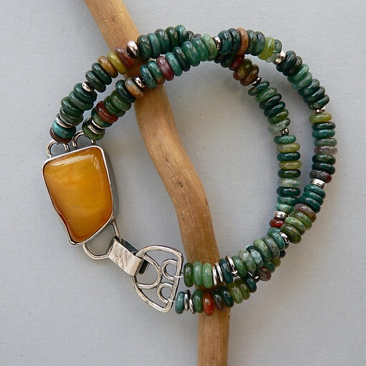 bransoletki srebrne -miodowy bursztyn i agaty indyjskie-